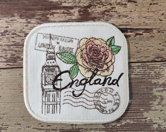 England Passport Patch: Big Ben & Rose Embroidery, Iron-On Applique