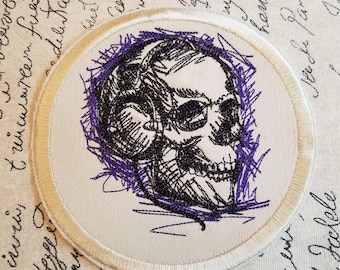Rock Music Skull Patch: Embroidered Iron-On Applique