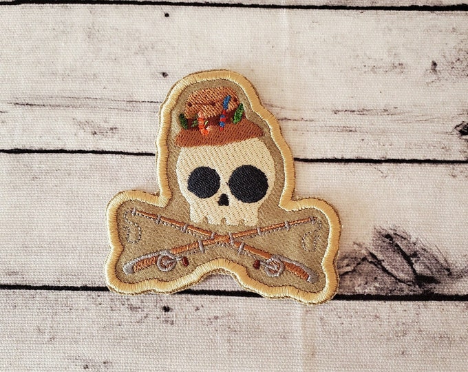 Skully Fishing Embroidered Patch: Skull & Rods Applique - Made in USA