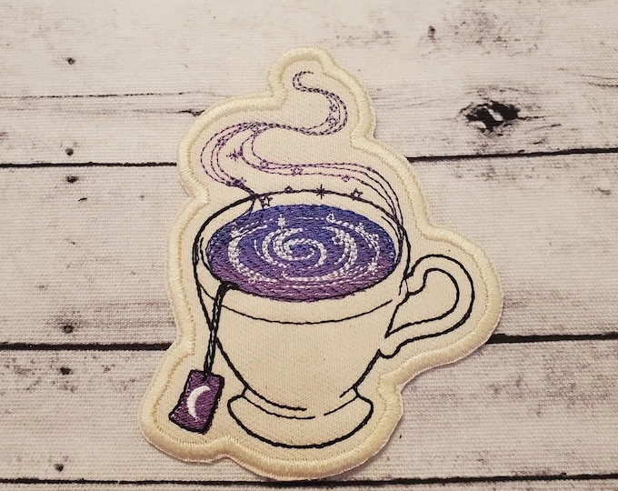 Celestial Tea Cup Embroidered Patch: Galaxy Applique