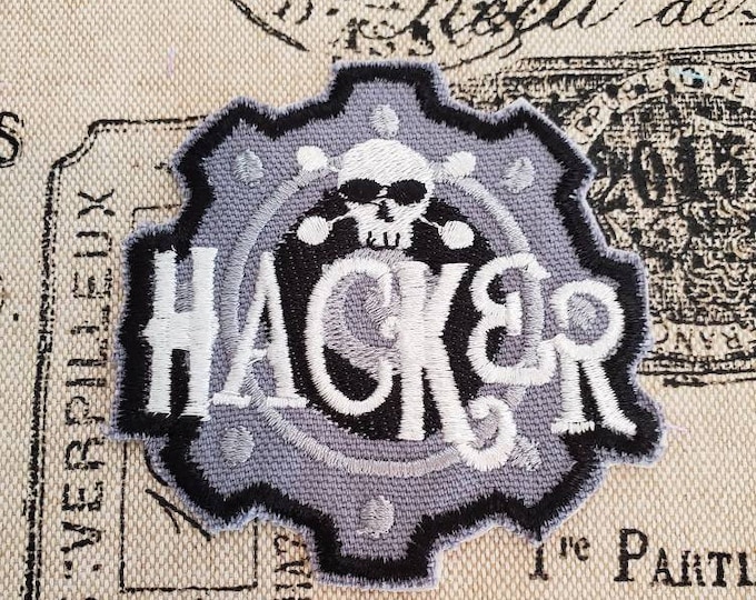 Hacker Embroidered Patch: Skull Gear Applique - Iron On / Sew On