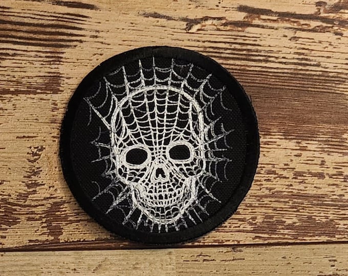 Skull Spiderweb, Iron on Patch, Sew On Patch, Embroidery, Patch, Applique, Collectable, Made In USA