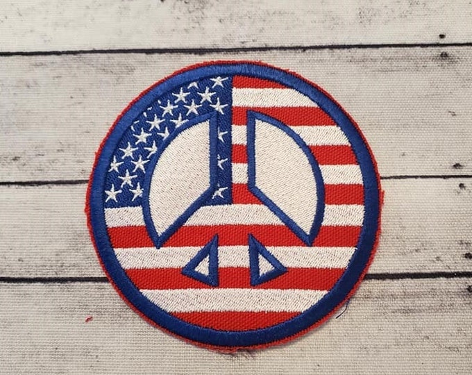 Patriotic Peace Sign Patch: Embroidered Iron-On Applique, Made In USA