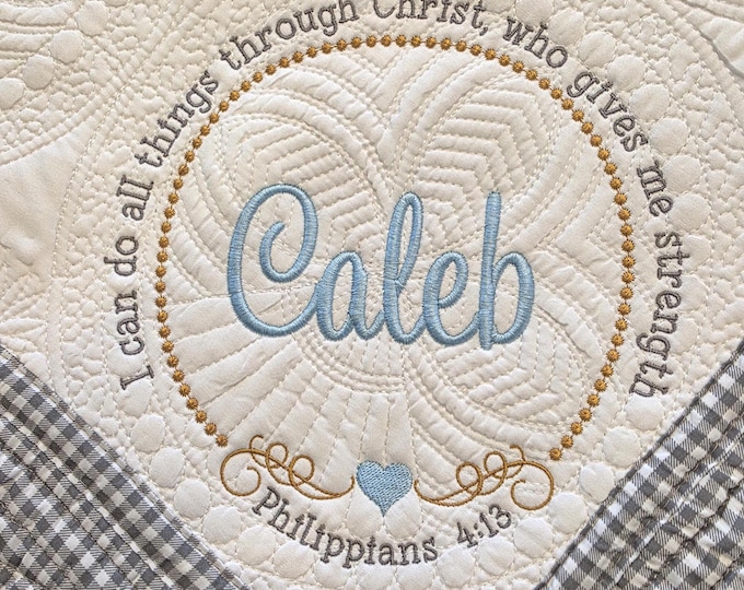 Embroidered Baby Scripture Quilt: Personalized Birth Announcement Blanket