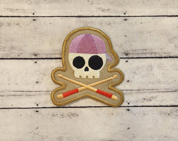 Skully Drummer Embroidered Patch - Handmade Iron On/Sew On Applique