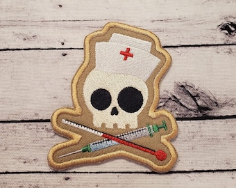 Skully Nurse Embroidered Patch: Iron On/Sew On Applique, Made In USA