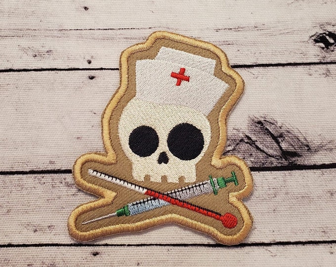 Skully Nurse Embroidered Patch: Iron On/Sew On Applique, Made In USA