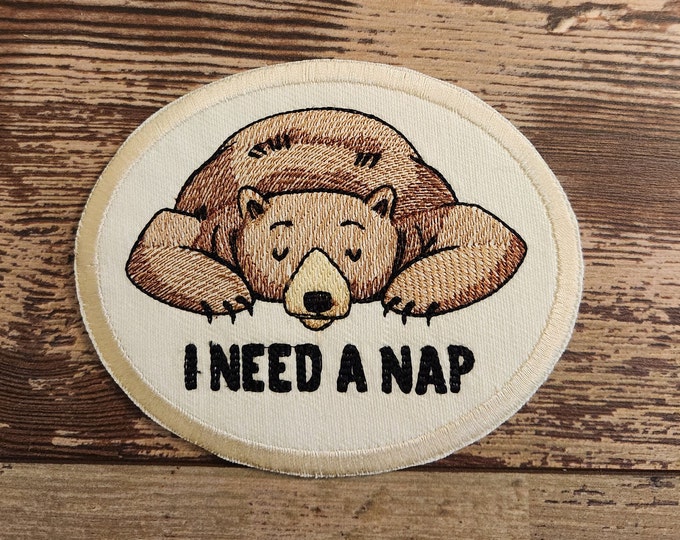 I Need A Nap, Bear Iron on Patch, Sew On Patch, Embroidery, Patch, Applique, Collectable, Made In USA, Handmade, Bear Patch, Hibernation