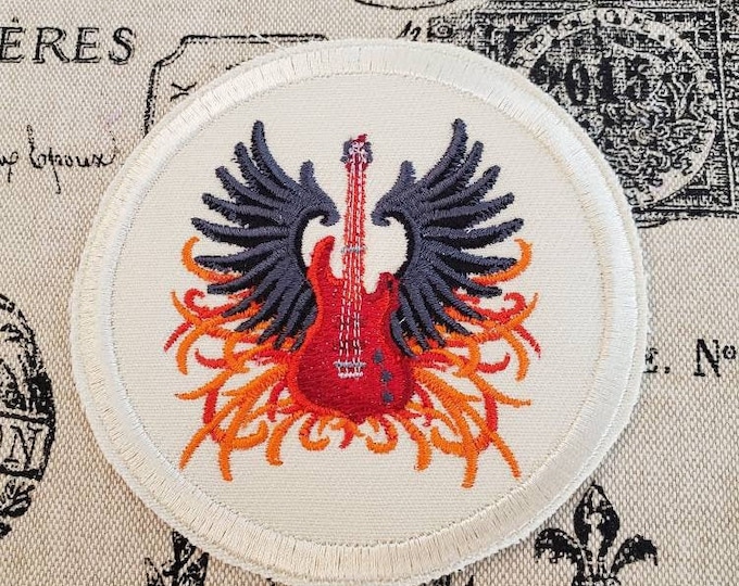 Guitar with Wings Embroidered Patch - Iron On / Sew On - Made In USA