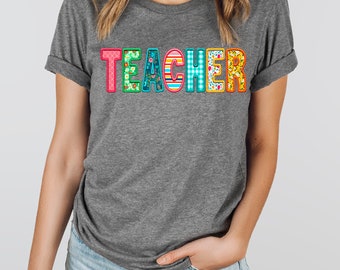 Teacher Faux Embroidered T-Shirt, Teacher Shirt, Gift for Teacher, Teacher Life, Gift for Her, Teacher Appreciation, Women's T-Shirt