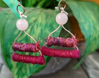 Artsy handmade silk bead earrings, wire wrapped bead,  gift, lightweight