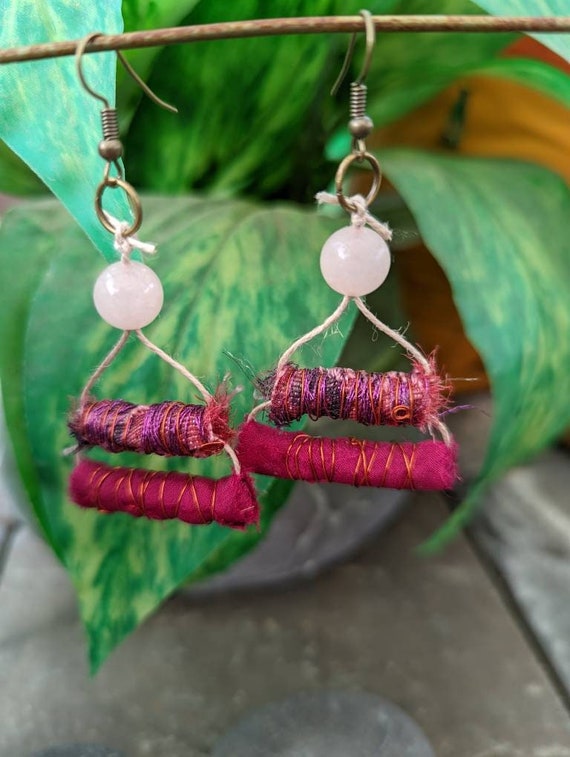 Artsy Handmade Silk Bead Earrings, Wire Wrapped Bead, Gift