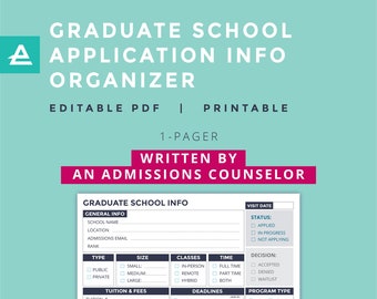 Graduate School Info Organizer, Written by an Admissions Counselor, Printable, Editable PDF, Digital Planner, Goodnotes, iPad