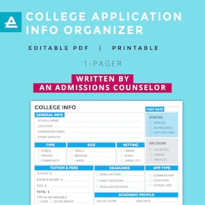 College Application Info Organizer Printable | Written by an Admissions Counselor | Instant Download, Digital Planner, Editable PDF