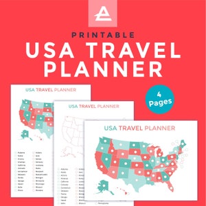 May include: Printable USA travel planner with four pages. The planner features a map of the United States with states highlighted in red and blue. The states are listed alphabetically with checkboxes next to each state.