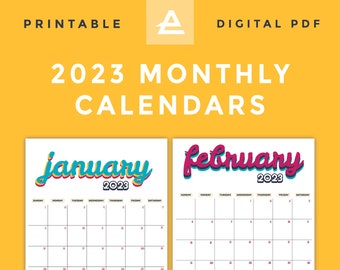 2023 Retro Printable Monthly Calendars, PDF Printable, Digital Calendar Planner, iPad, Goodnotes