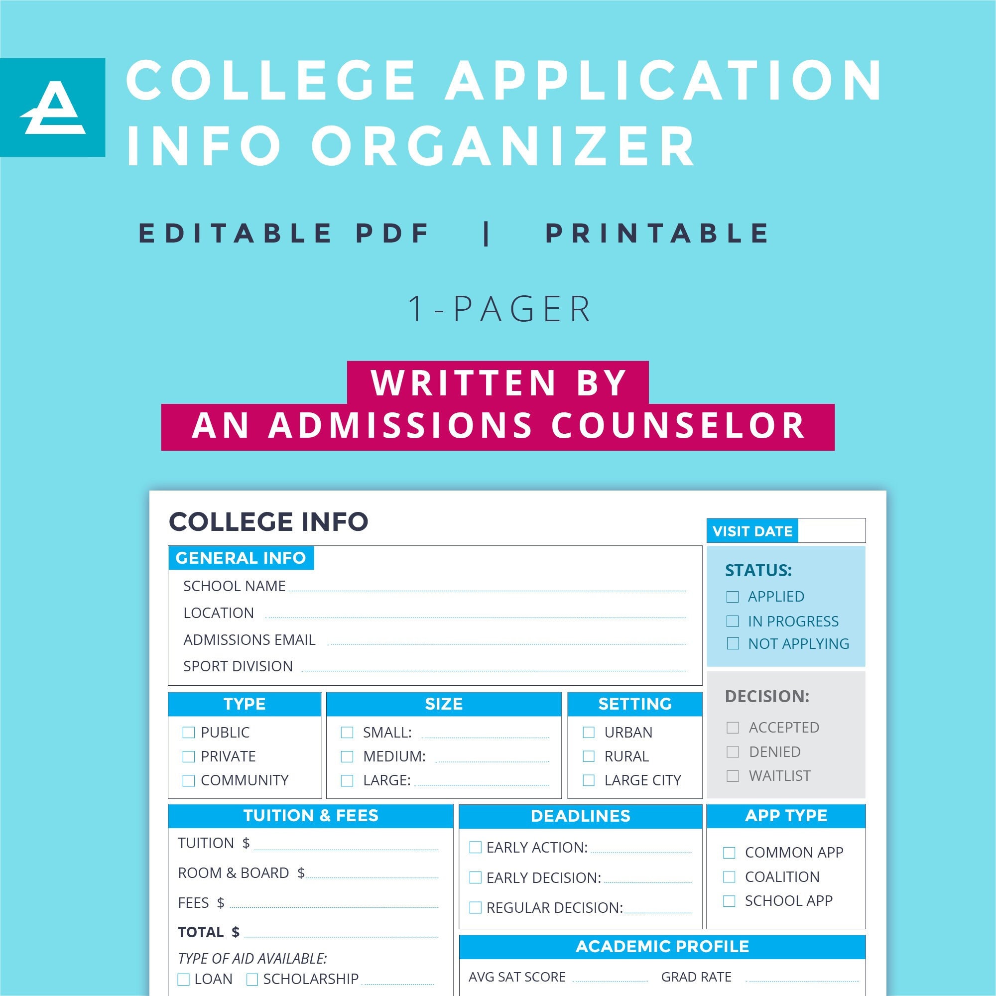 College Application Info Organizer Printable | Written by an Admissions Counselor | Instant Download, Digital Planner, Editable PDF