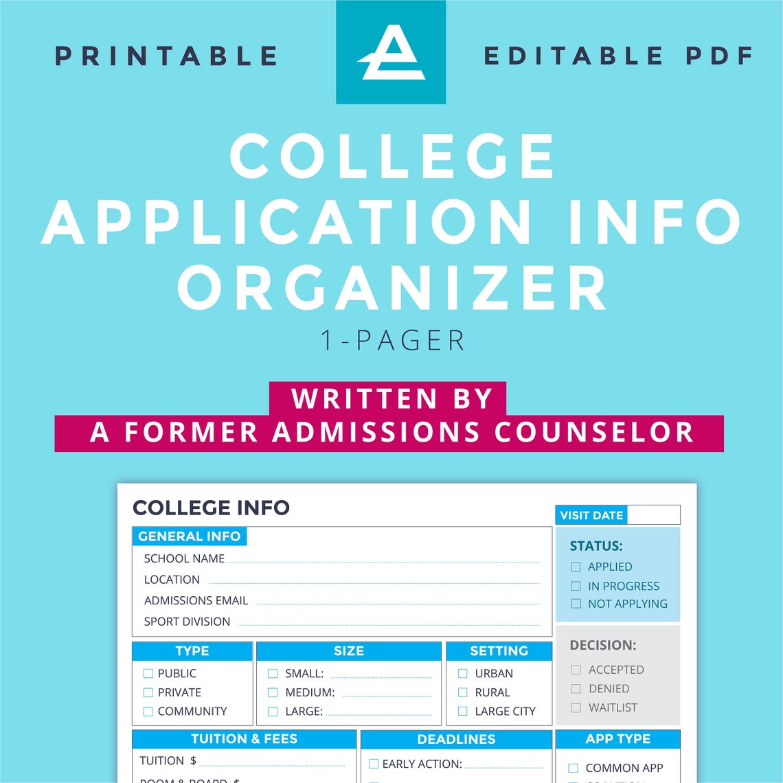 College Application Info Organizer Printable Written by a - Etsy