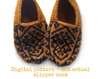 May include: A pair of knitted slipper socks in a mustard yellow color with a navy blue geometric pattern. "Digital pattern - not actual slipper sock" is written in yellow text at the bottom of the image.