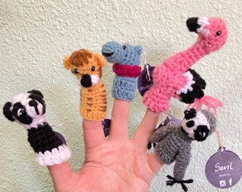 Zoo Set of 5 Finger Puppets: Flamingo Tiger Sloth Hippo Panda. Crocheted puppets, Finger Animals, Storytelling. SHIPPING FROM USA