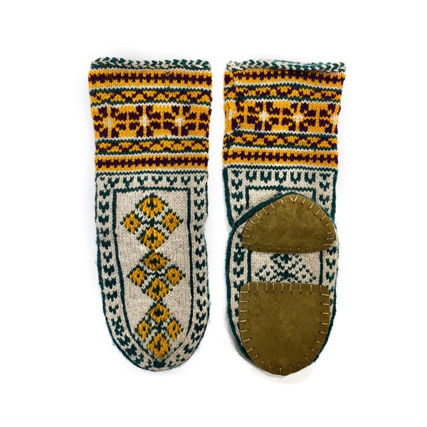 Women's EU 34-37  Mukluk Style Slippers Boho Fair Isle Socks WITH Suede Soles. Ethnic colorwork knitted. Shipped fromAzerbaijan