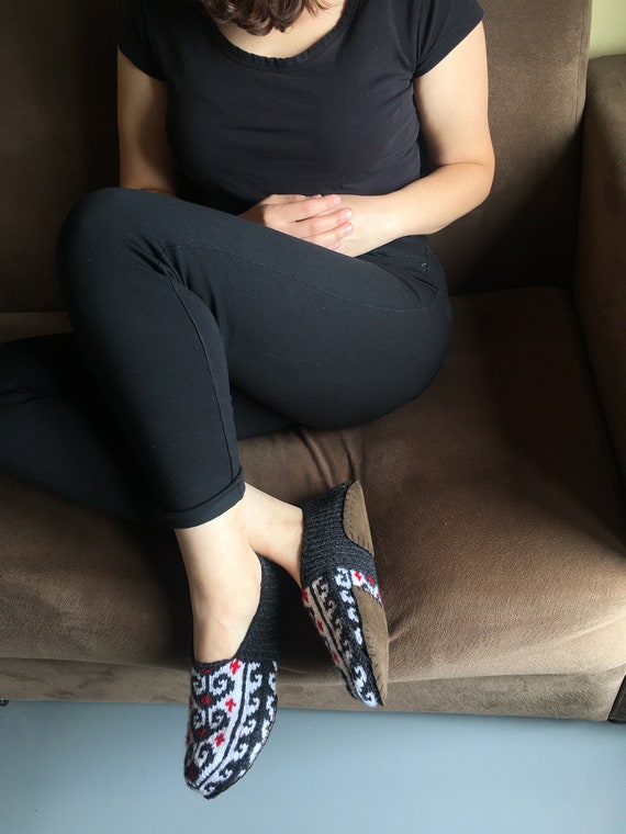 Women's Black, White, Red Slipper Socks WITH brown Suede Soles. Shipping from Azerbaijan