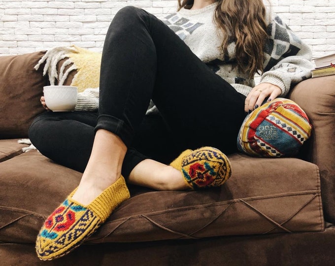 Mustard, Navy, Red & Teal, Women's Slipper Socks WITH Suede, House shoes grippers. Ethnic boho slippers. US Shipping