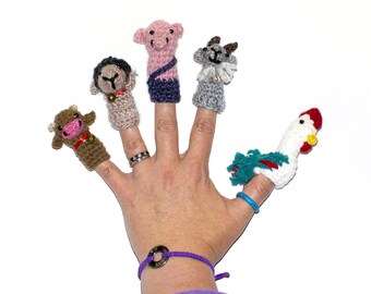 Farm Finger Puppets Set of 5: cow, sheep, goat, rooster and pig. Crocheted Puppets, Finger Animals, Storytelling. SHIPPING FROM USA