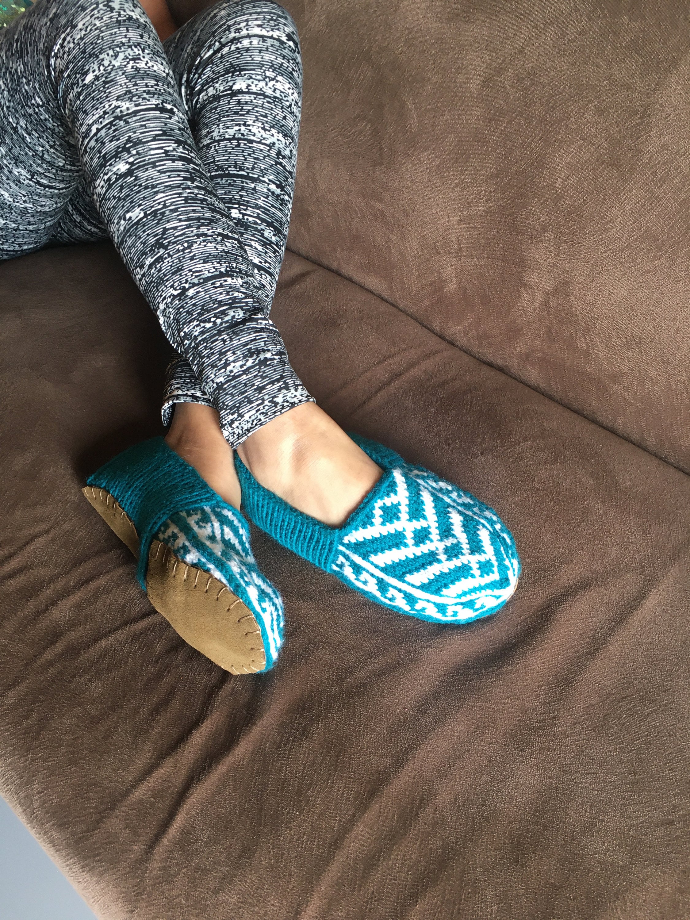 Teal & White Women's 5-6 10 Slipper Socks WITH Suede - Etsy