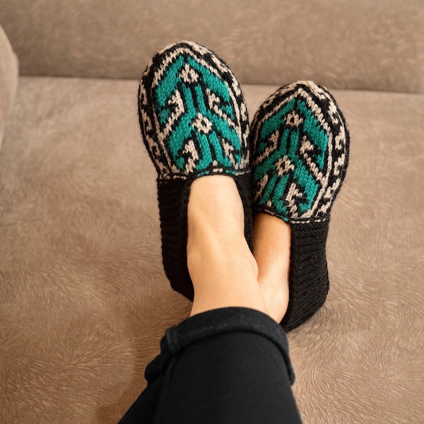 Black, Teal & Tan, Women's 6-12, Houseshoes WITH Suede Soles, Azerbaijan Caucasus motifs. Non-slip knitted slipper socks. US Shipping