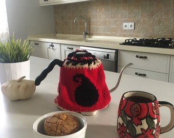 Teapot Cozy Red with black paisley and white accents. Handknit Teacozy. Teapot sleeve. SHIPPING From USA