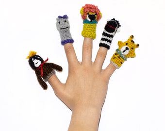 Zoo Finger Puppets Set of 5: Hippo, Giraffe, Lion, Sloth, Zebra. Crocheted Puppets, Finger Animals, Storytelling. SHIPPING FROM USA