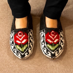 Black, Red Rose, & White, Women&#39;s Slippers WITH Suede Soles, Fairtrade Houseshoes, Ethical lounge socks,  US Shipping