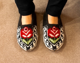 Black, Red Rose, & White, Women's Slippers WITH Suede Soles, Fairtrade Houseshoes, Ethical lounge socks,  US Shipping