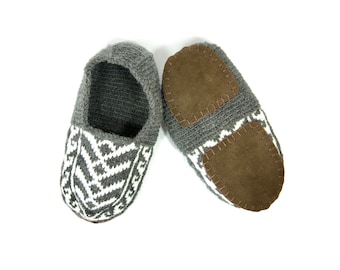 Gray & White, Women's House Slippers WITH Suede Soles. Non-slip knitted slippers. Lounge socks. Hand-knit. US Shipping