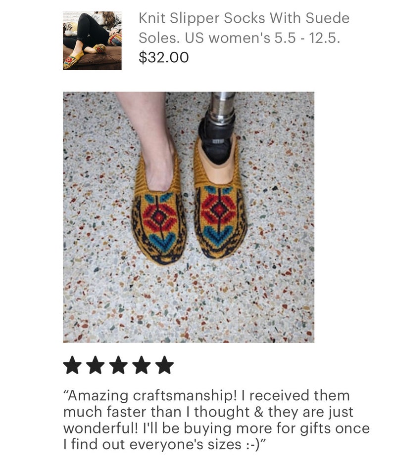 May include: Knit slipper socks with suede soles in a yellow, red, and blue pattern. The socks are shown on a person's feet. The caption reads "Amazing craftsmanship! I received them much faster than I thought & they are just wonderful! I'll be buying more for gifts once I find out everyone's sizes :-)"