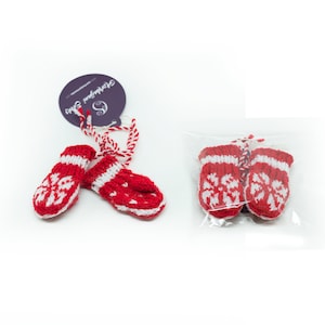 Miniature Mitten Snowflake Ornament SETS in multiple color options. Mini-knit gift wrapping accessory. SHIPPING from USA