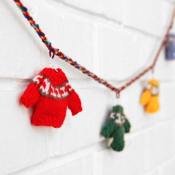 Mini sweater garland hand knit. Rainbow cheerful kids room decoration. Shipped from USA