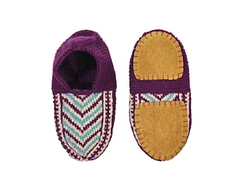 Women's US Purple & Aqua Knit House Shoes, Slipper Socks WITH Suede Soles, Shipping from the US