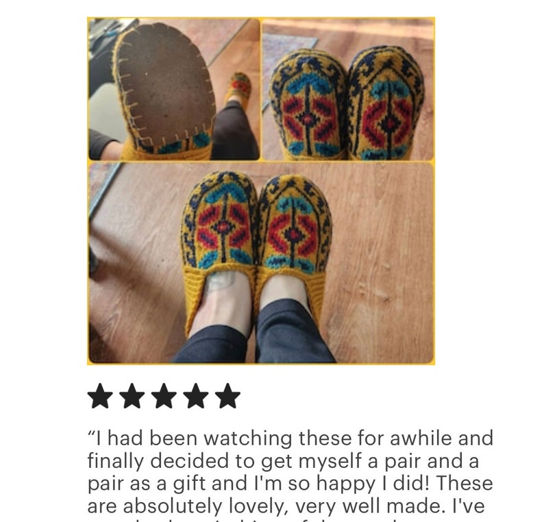 May include: A pair of yellow knitted slippers with a colorful geometric pattern. The slippers are worn and the soles are visible.