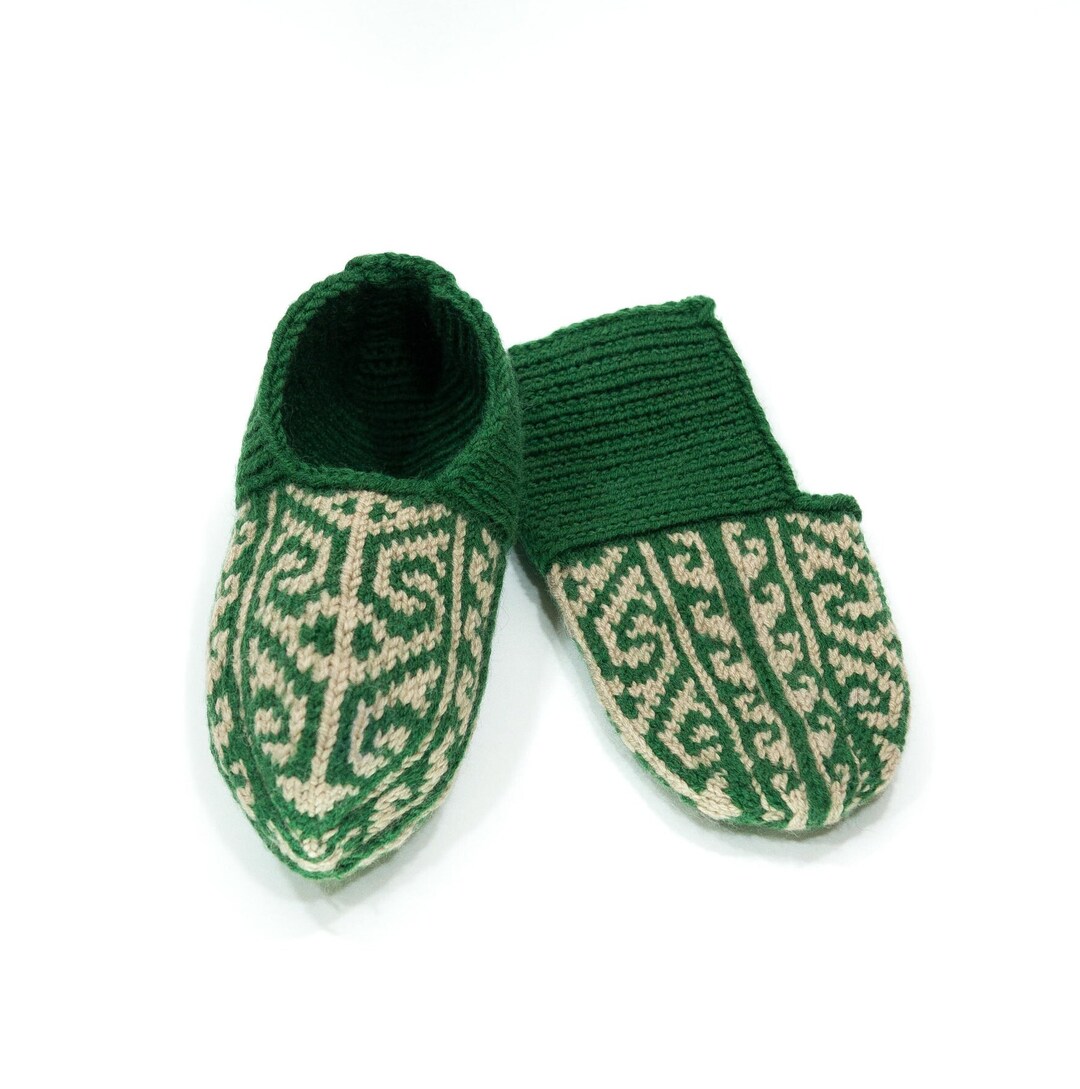 Green Tan Men's Knitted Slipper Socks WITHOUT Suede Soles