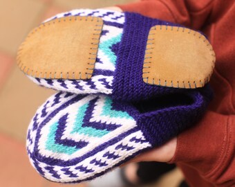 Dark Purple, White & Turquoise, Women's Knit Slipper Socks WITH Suede Soles, Hand-knit House Shoes, adult booties. US Shipping