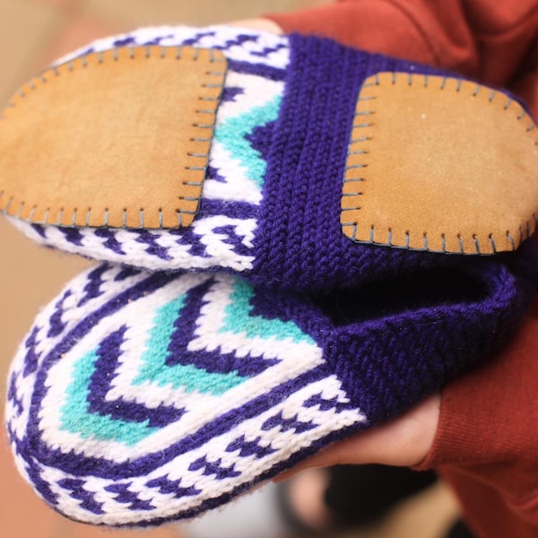 Dark Purple, White & Turquoise, Women's Knit Slipper Socks WITH Suede Soles, Hand-knit House Shoes, adult booties. US Shipping