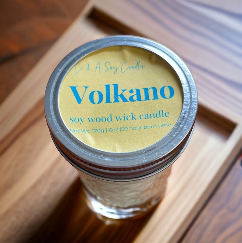 c and A Soy Candle Volkano soy wood wick candle Net Wt. 170g | 6oz 50 hour burn time. duplicate of Anthropologie blue capri candle. wooden wick. slow burning candle.