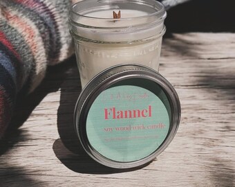 Flannel Scented Soy Candle: Hand Poured Wood Wick, Autumn Home Fragrance, Sweater Weather cozy candle, gifts under 30