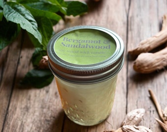 NEW: Bergamot and Sandalwood Soy Wood Wick Candle // Refreshing and Earthy // Vegan // Jar Candle