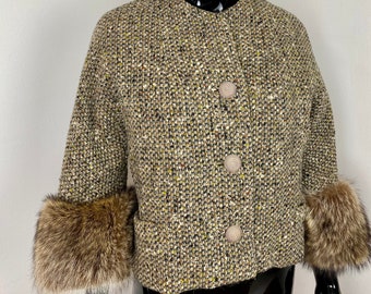 Tweed coat with fur cuffs