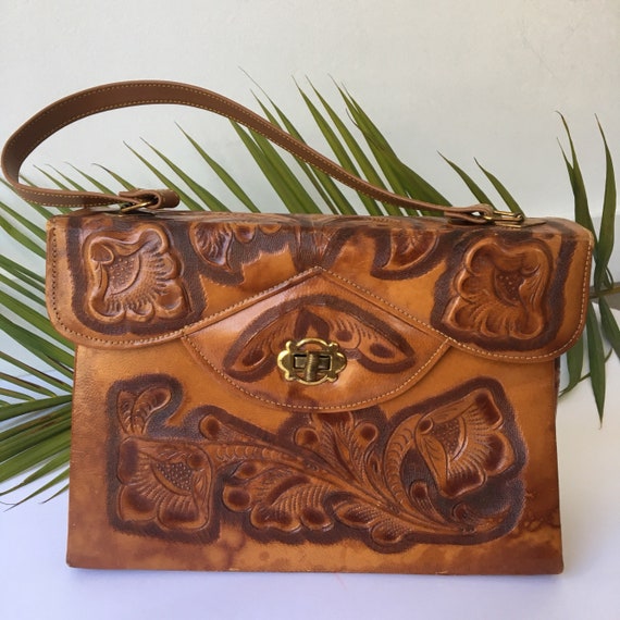 Vintage 1970s Hand Tooled Leather Purse