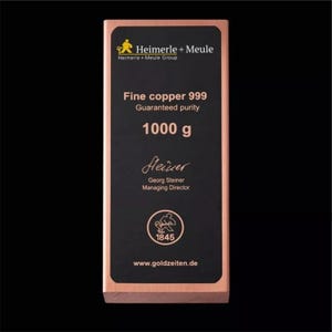 Lingote de cobre de 1.000 g, barra de 1,0 kg de la más alta calidad 999/1000 Heimerle & Meule Steiner ALEMANIA