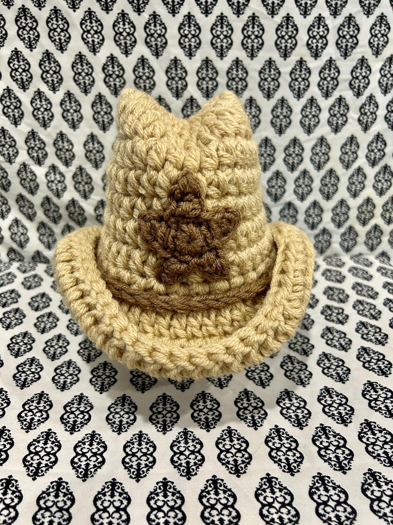 May include: A crocheted cowboy hat in shades of tan and brown. The hat features a star design on the front and a wide brim. The hat is handmade and appears to be made of yarn.